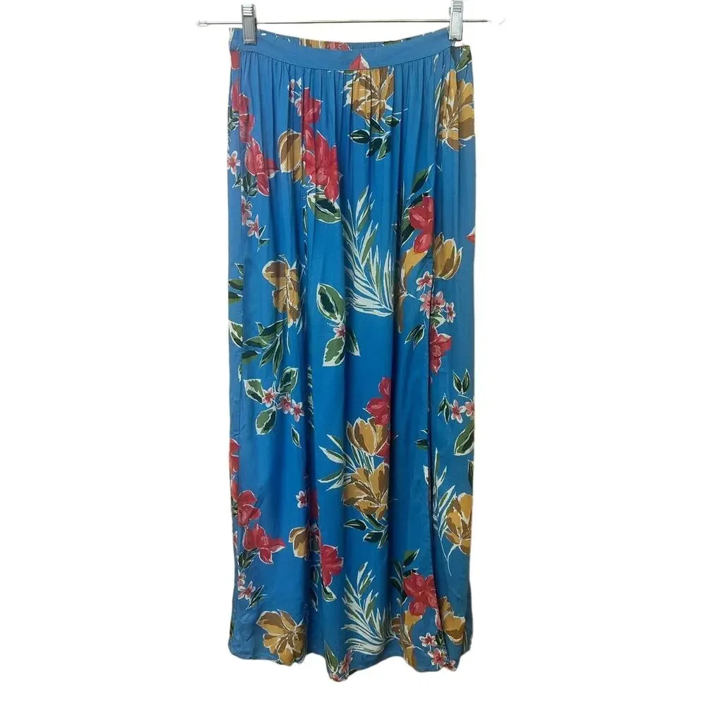 Patrons of Peace Blue Floral Front Slit Skirt Maxi Pleated Elastic Size Small